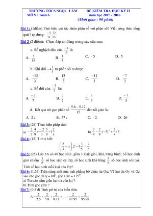 Toán 6- Đề kiểm tra học kì 2 - Trường THCS Ngọc Lâm năm 2015-2016
