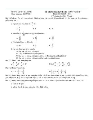 Toán 6- Đề kiểm tra học kì 2 - Phòng GD&ĐT Ba Đình năm 2003-2004
