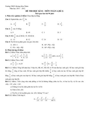Toán 6- Đề kiểm tra học kì 2 - Trường THCS Hoàng Hoa Thám- Ba Đình  năm 2011-2012 Đề số 2