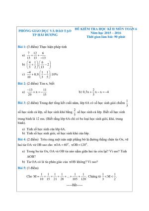 Toán 6- Đề kiểm tra học kì 2- Phòng GD&ĐT Hải Dương năm 2015-2016