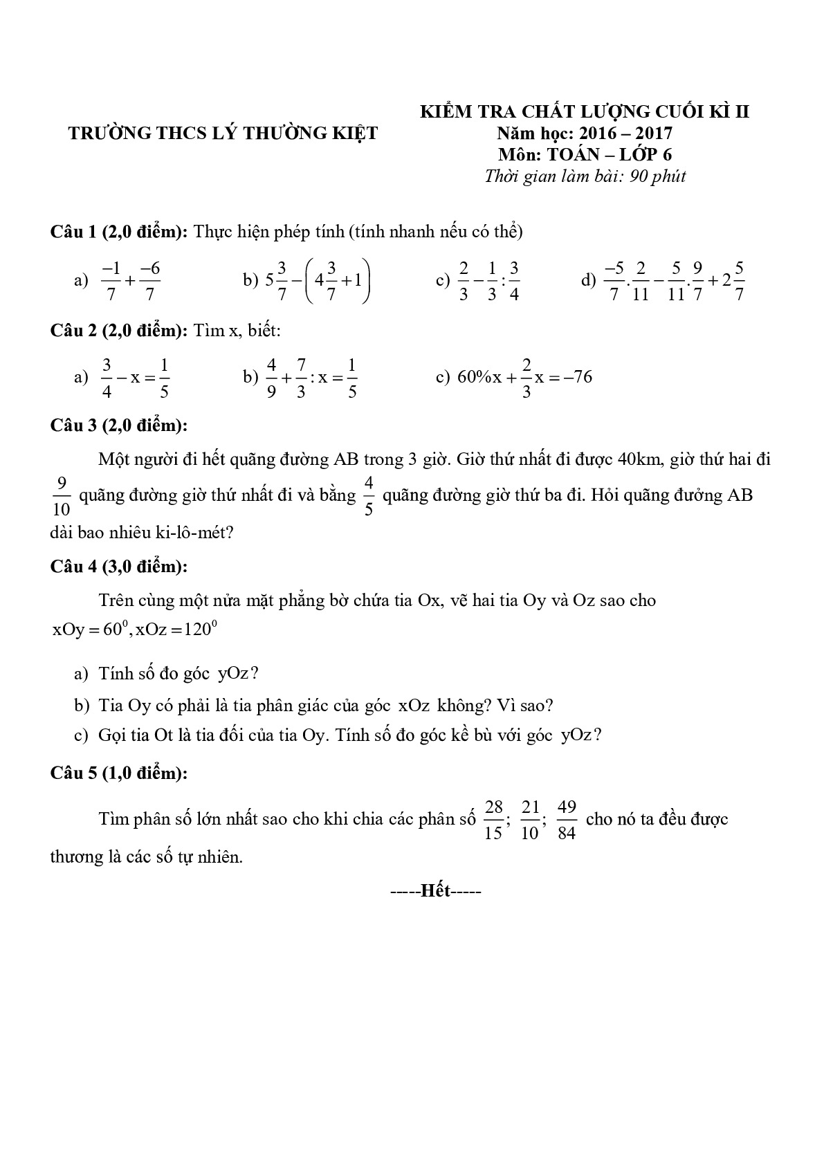Toán 6- Đề kiểm tra cuối kì 2- Trường THCS Lý Thường Kiệt năm 2016-2017