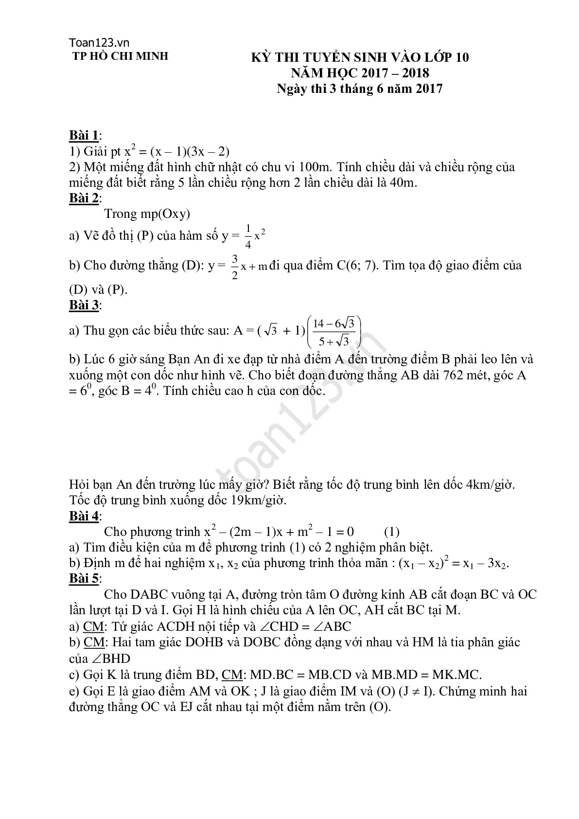 Đề thi vào 10 môn Toán TP Hồ Chí Minh năm 2017 (có đáp án)
