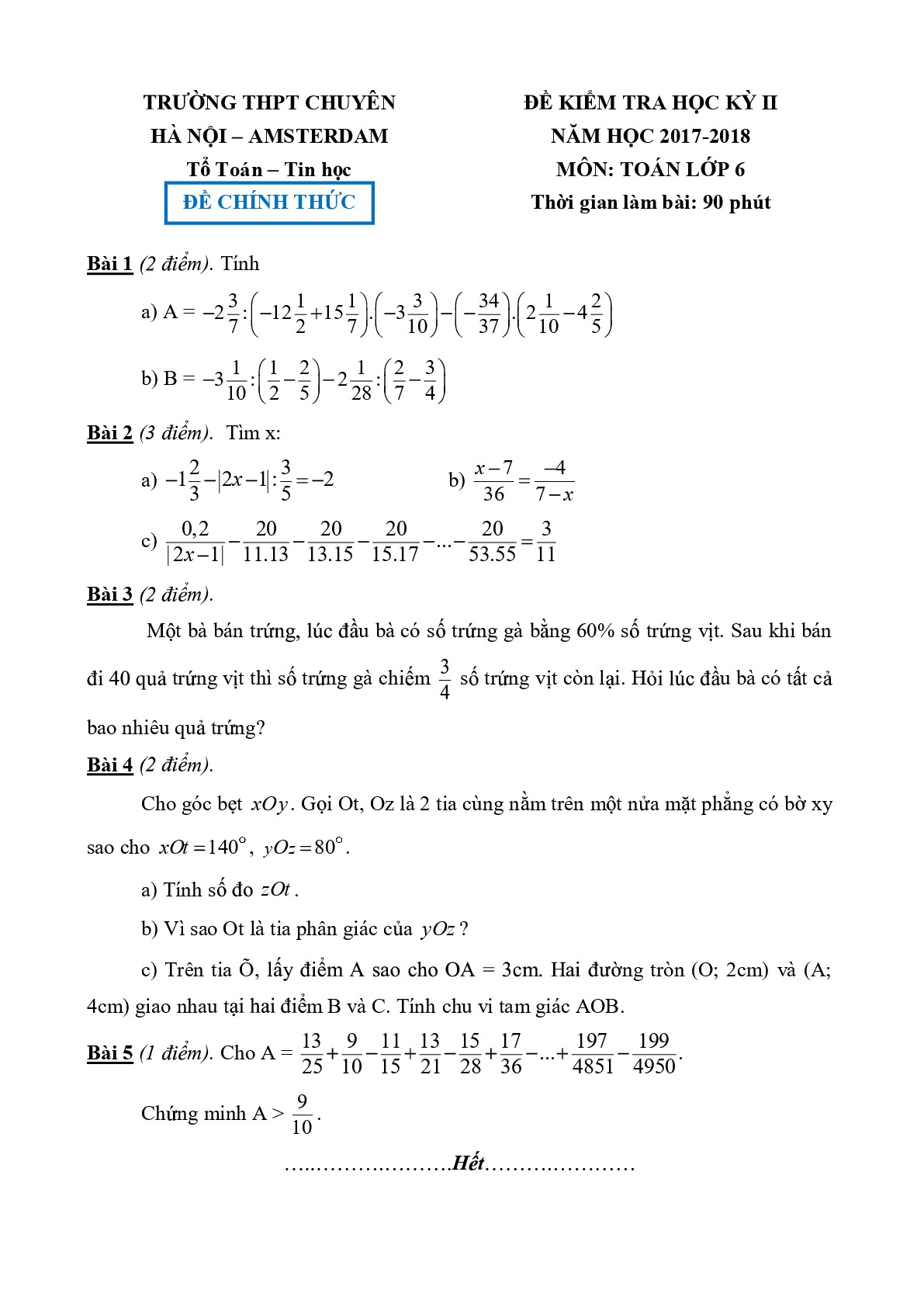 Toán 6- Đề kiểm tra học kì 2- Trường Chuyên Hà Nội- AMSTERDAM năm 2017-2018