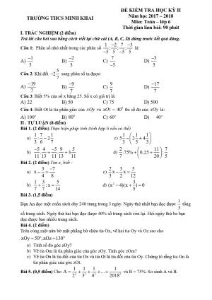Toán 6- Đề kiểm tra học kì 2- Trường THCS Minh Khai  năm 2017-2018