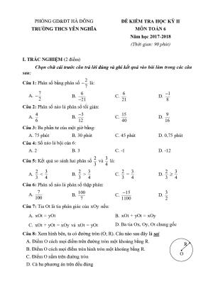 Toán 6- Đề kiểm tra học kì 2- Trường THCS Yên Nghĩa năm 2017-2018