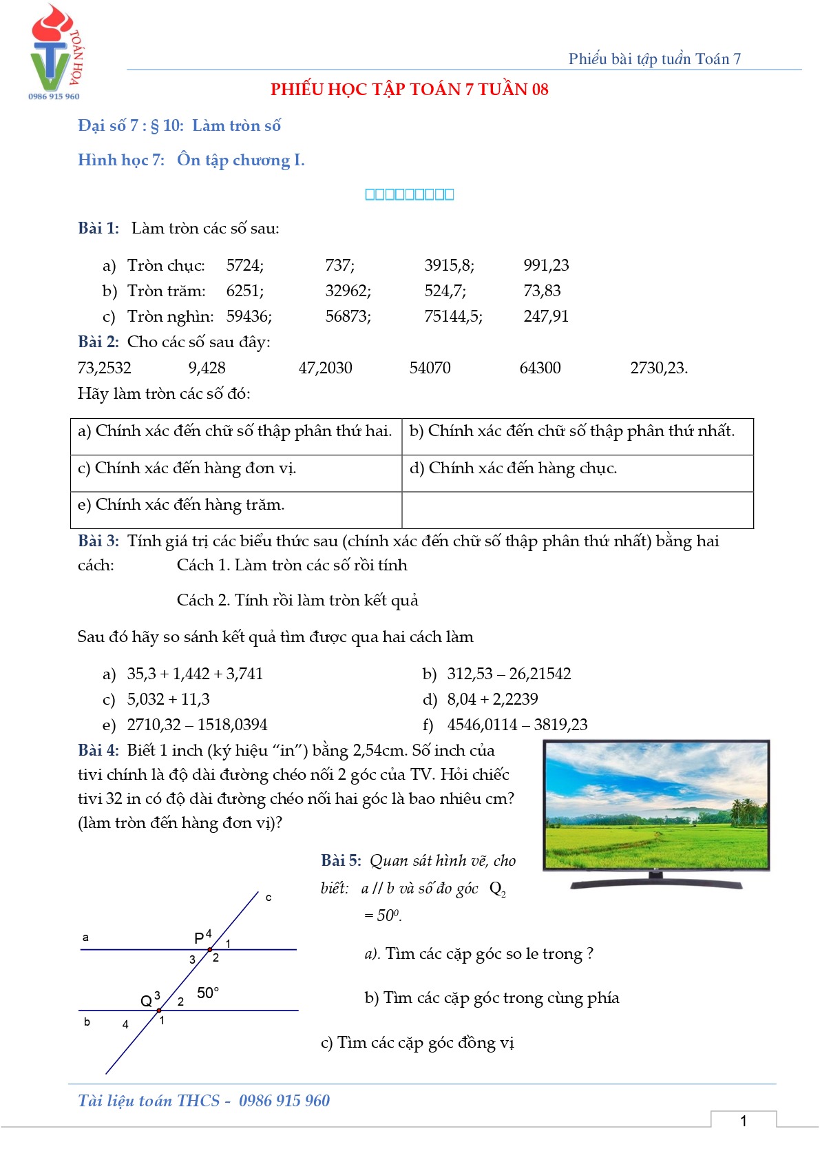 Phiếu bài tập Toán 7 Tuần 8