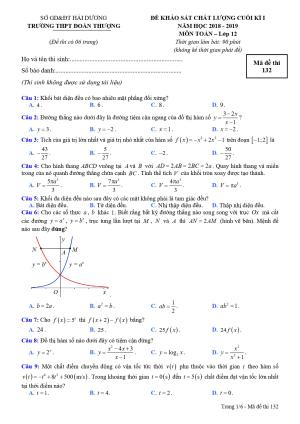 Đề KSCL cuối kỳ 1 Toán 12 năm học 2018 – 2019 trường THPT Đoàn Thượng – Hải Dương