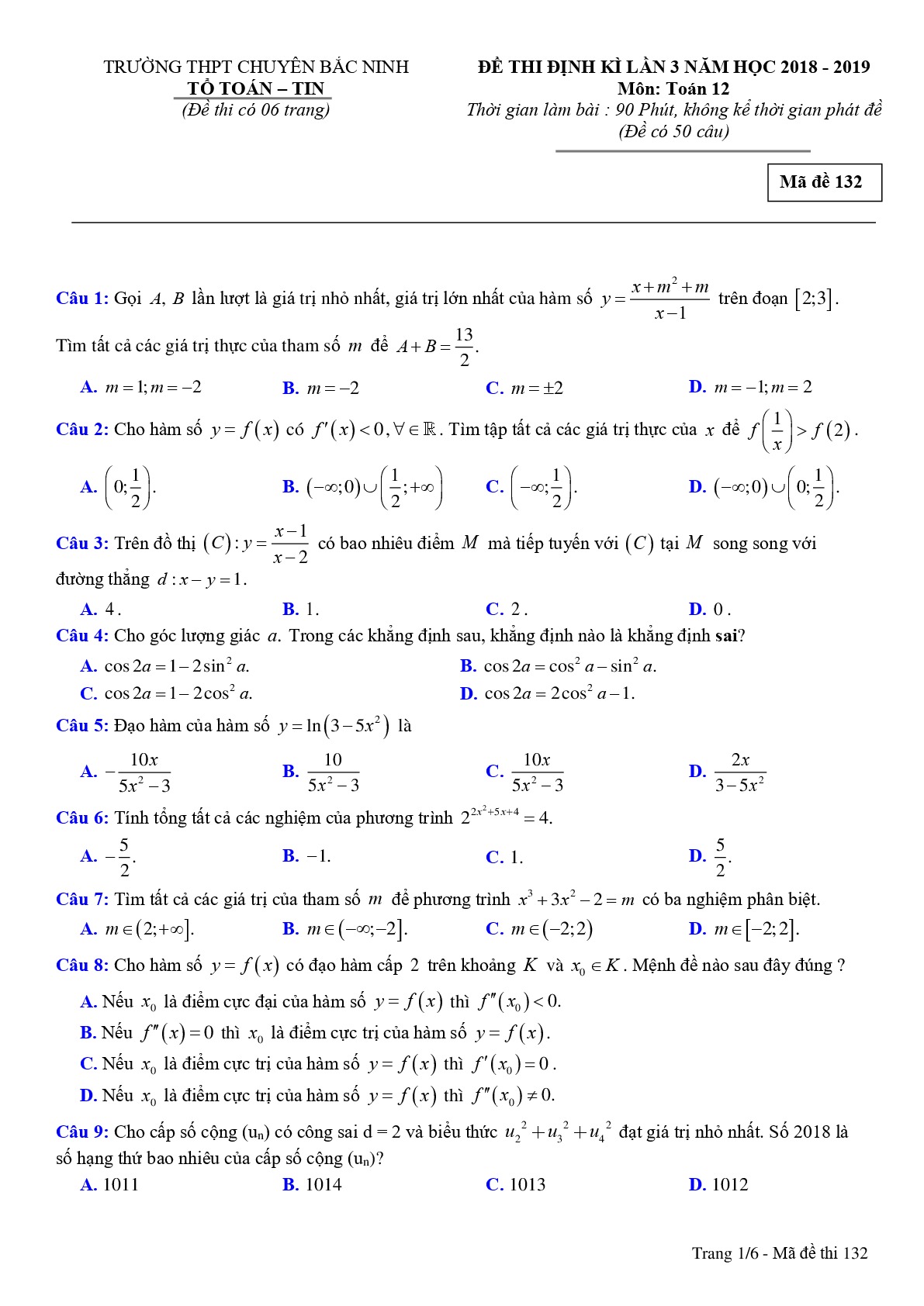 Đề thi định kỳ lần 3 Toán 12 năm học 2018 – 2019 trường THPT chuyên Bắc Ninh