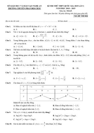 Đề thi thử Toán THPTQG 2019 trường chuyên Phan Bội Châu – Nghệ An lần 1