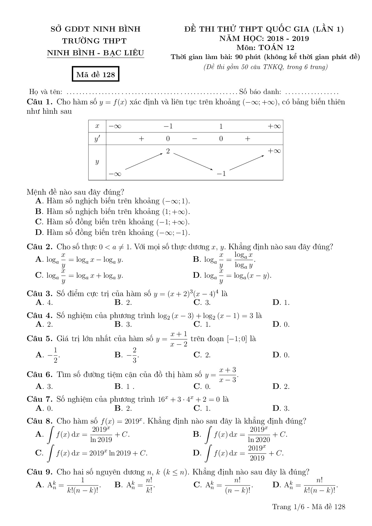 Đề thi thử Toán THPTQG 2019 lần 1 trường THPT Ninh Bình – Bạc Liêu – Ninh Bình