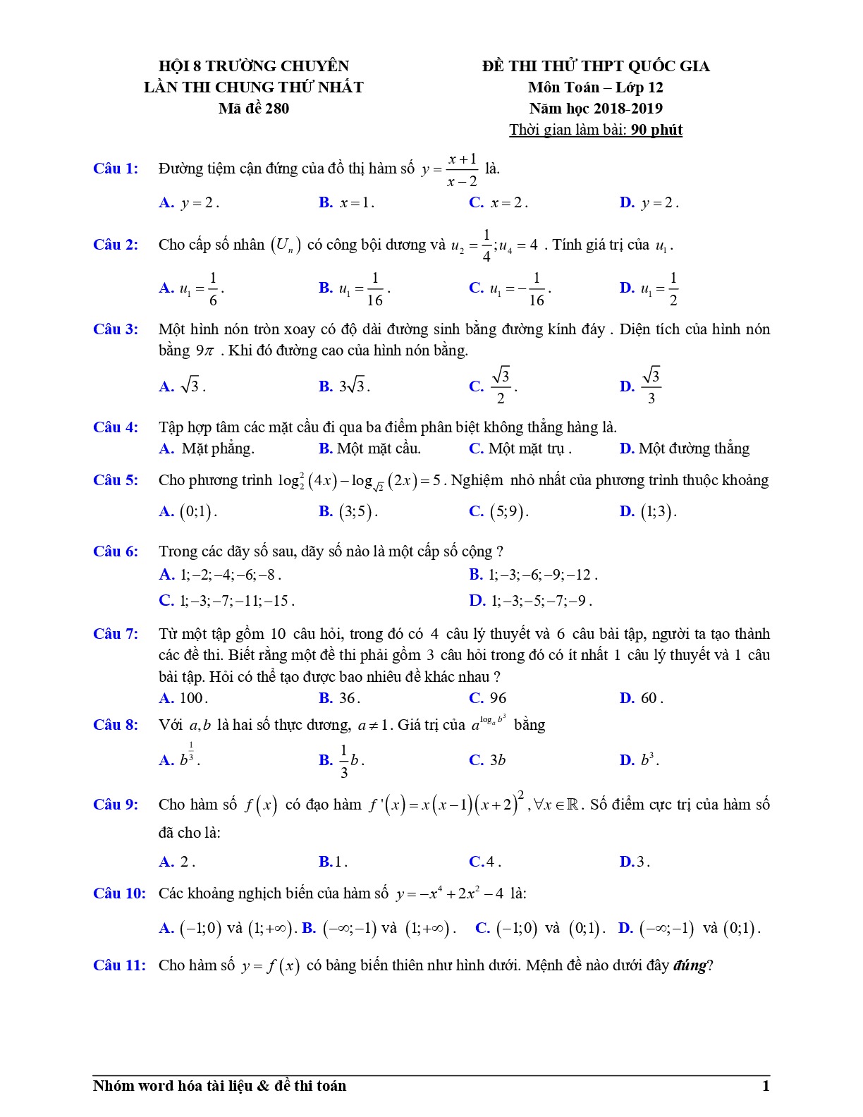 Đề thi thử Toán THPTQG 2019 hội 8 trường chuyên đồng bằng sông Hồng lần 1