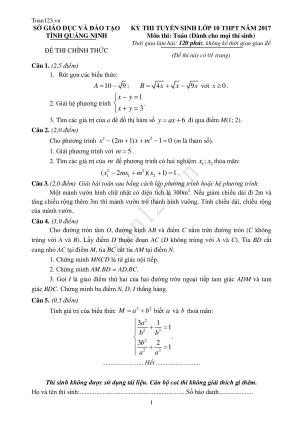 Đề thi vào 10 (có đáp án) môn Toán tỉnh Quảng Ninh năm 2017