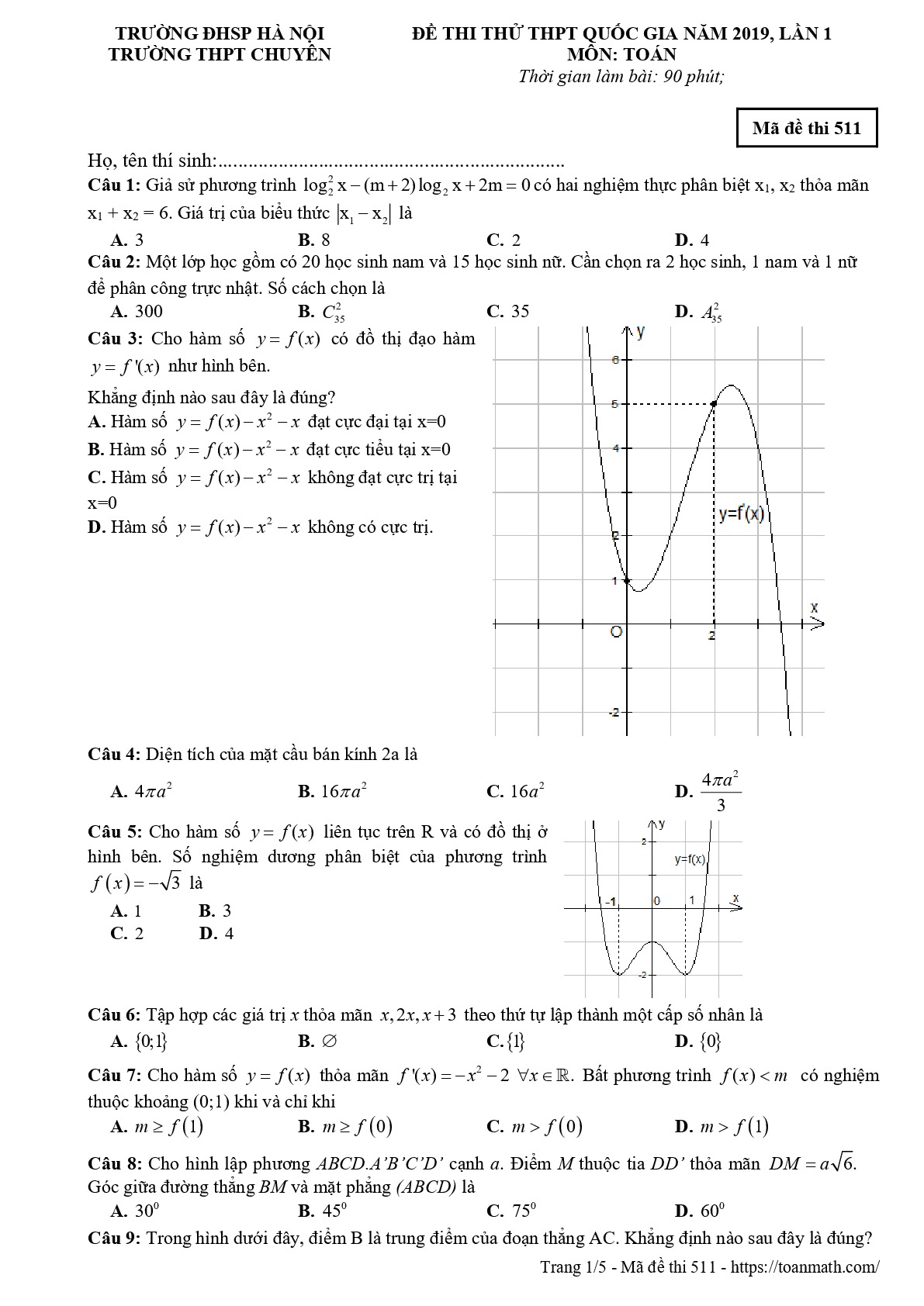 Đề thi thử Toán THPT Quốc gia 2019 trường THPT chuyên ĐHSP Hà Nội lần 1