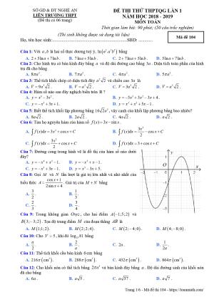 Đề thi thử Toán THPTQG 2019 lần 1 liên trường THPT thành phố Vinh – Nghệ An