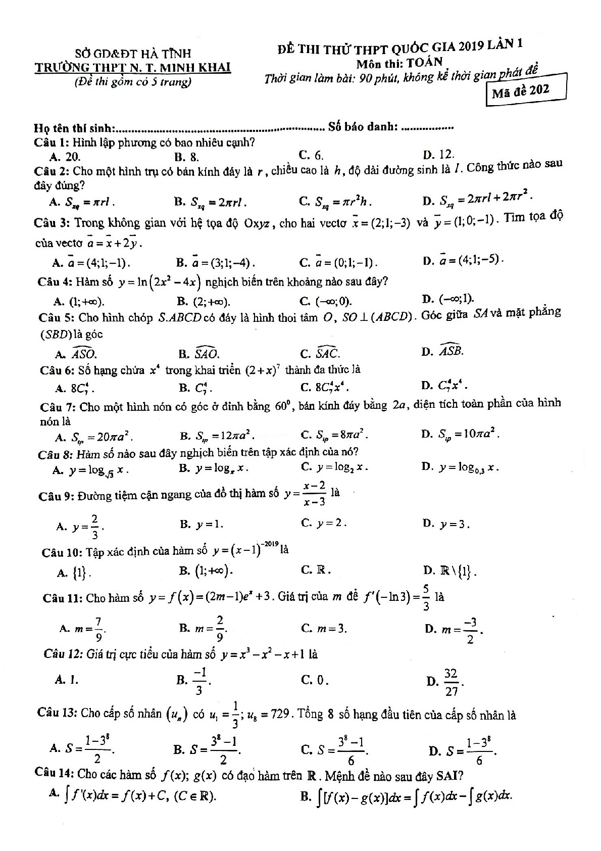 Đề thi thử Toán THPTQG 2019 lần 1 trường Nguyễn Thị Minh Khai – Hà Tĩnh