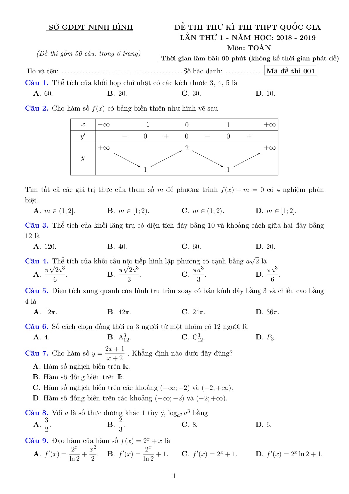 Đề thi thử Toán THPT Quốc gia 2019 lần 1 sở GD&ĐT Ninh Bình