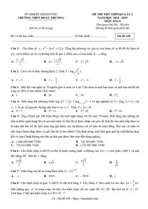 Đề thi thử Toán THPTQG 2019 lần 1 trường THPT Đoàn Thượng – Hải Dương