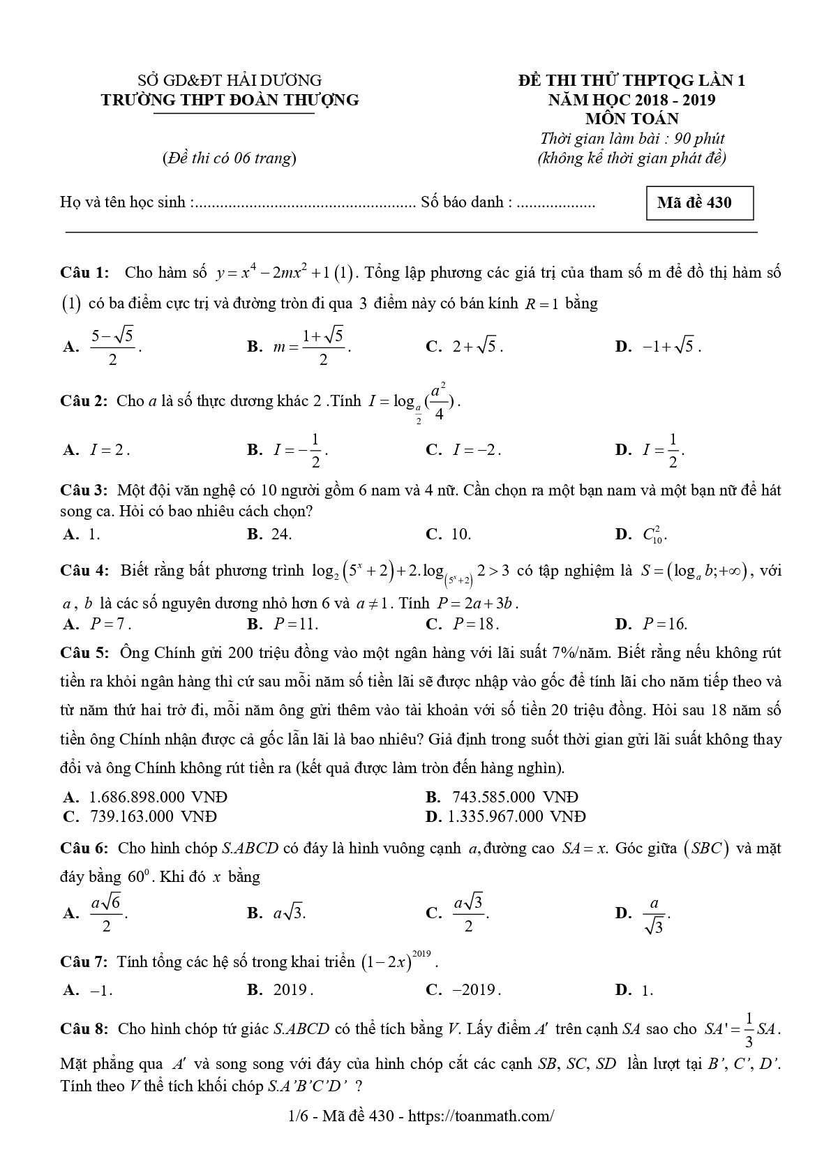 Đề thi thử Toán THPTQG 2019 lần 1 trường THPT Đoàn Thượng – Hải Dương