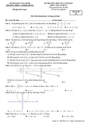 Đề thi giữa học kỳ 2 Toán 12 năm 2019 trường THPT C Nghĩa Hưng – Nam Định