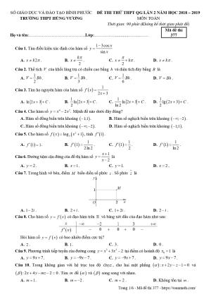 Đề thi thử THPT QG 2019 môn Toán lần 2 trường Hùng Vương – Bình Phước
