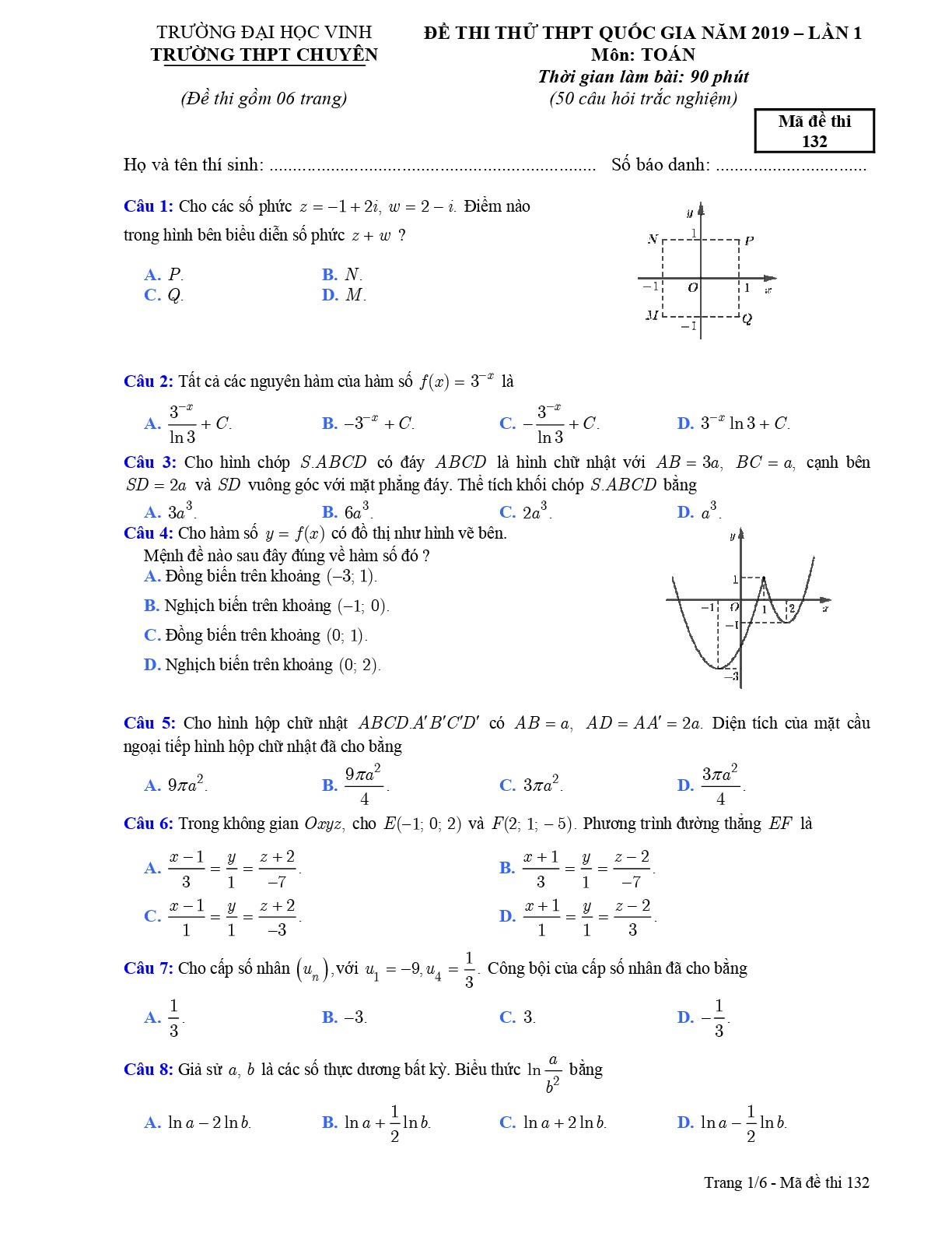 Đề thi thử Toán THPT Quốc gia 2019 lần 1 trường THPT chuyên Đại học Vinh – Nghệ An