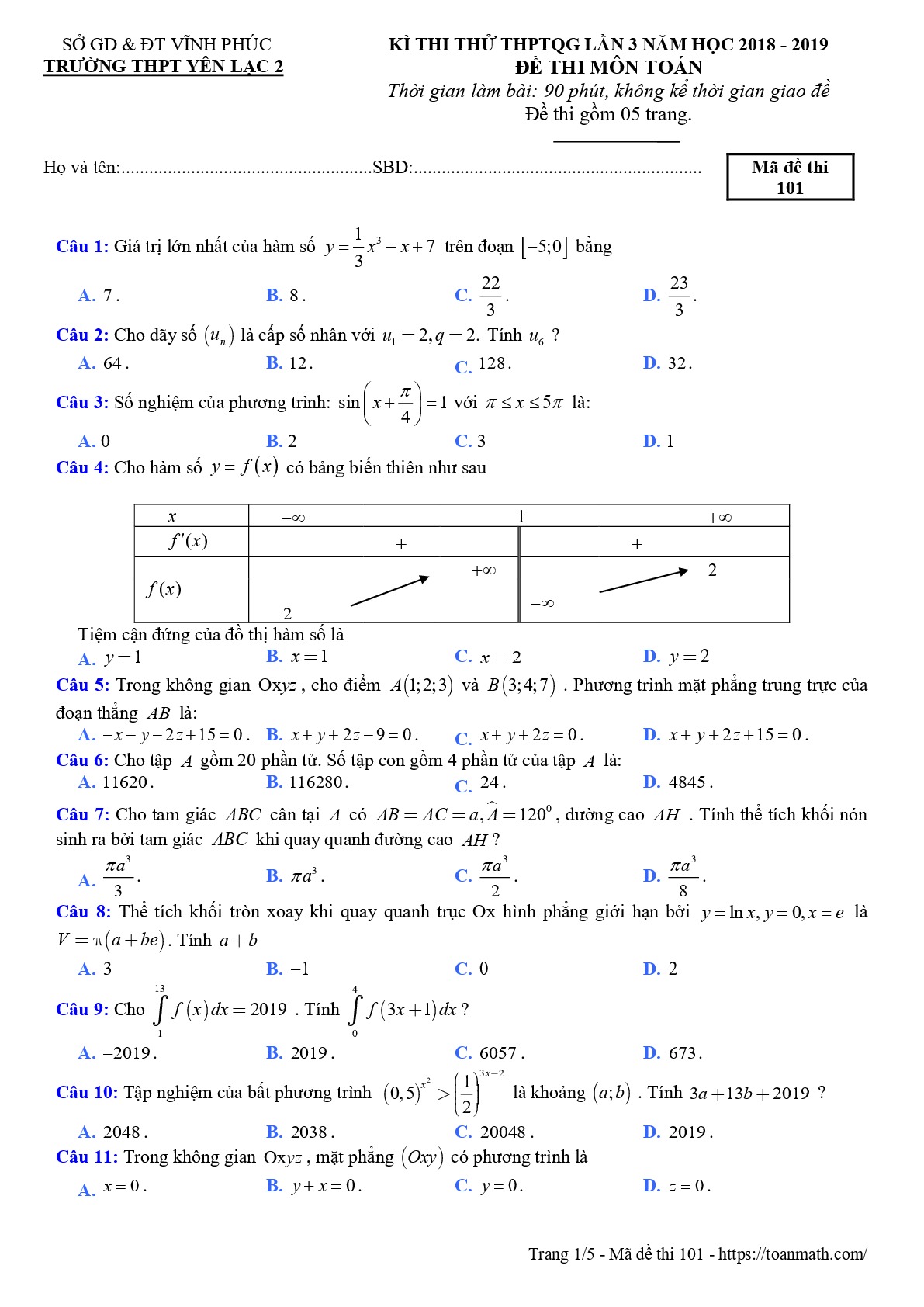 Đề thi thử Toán THPTQG 2019 lần 3 trường THPT Yên Lạc 2 – Vĩnh Phúc