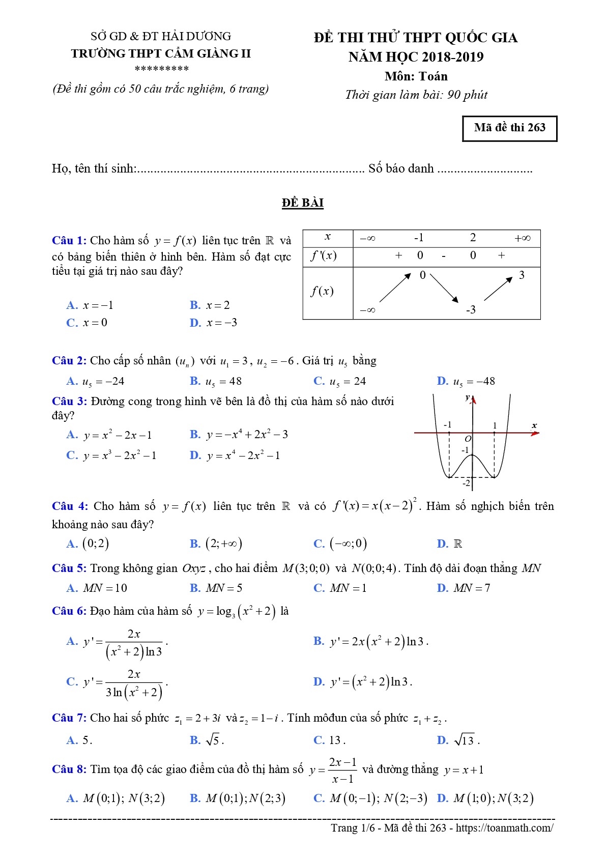 Đề thi thử THPT Quốc gia 2019 môn Toán trường Cẩm Giàng II – Hải Dương