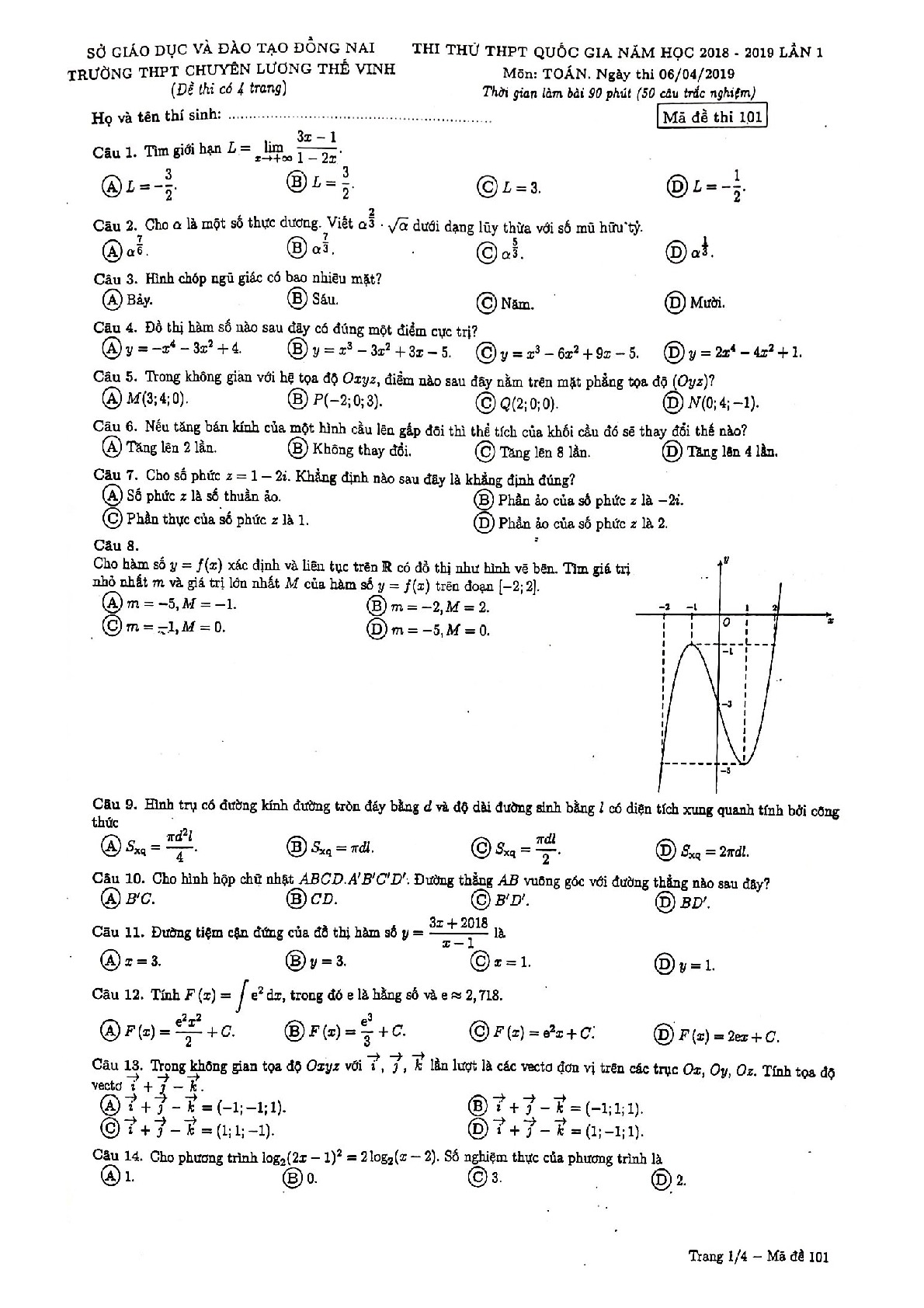 Đề thi thử Toán THPTQG 2019 trường chuyên Lương Thế Vinh – Đồng Nai lần 1