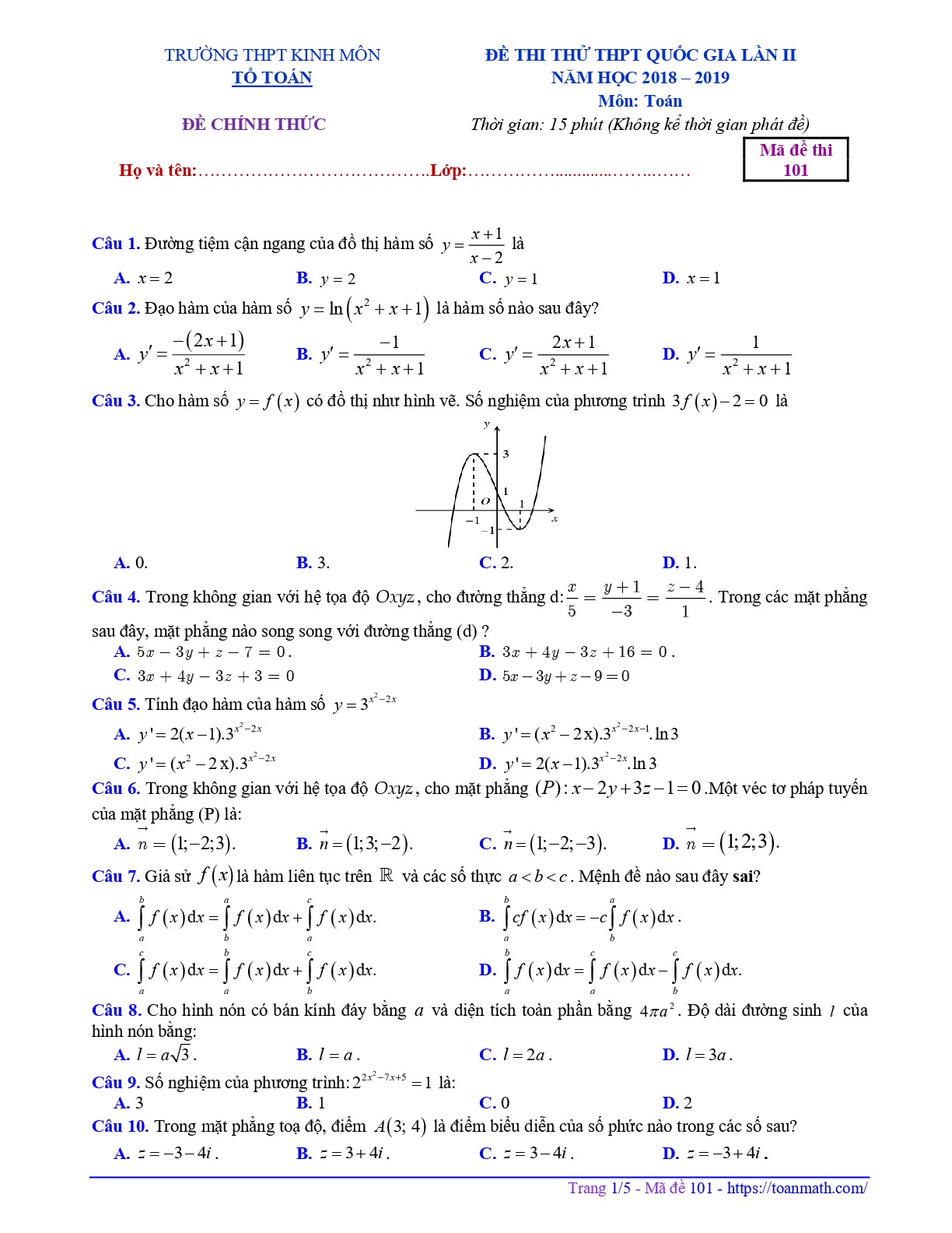 Đề thi thử Toán THPT Quốc gia 2019 lần 2 trường Kinh Môn – Hải Dương