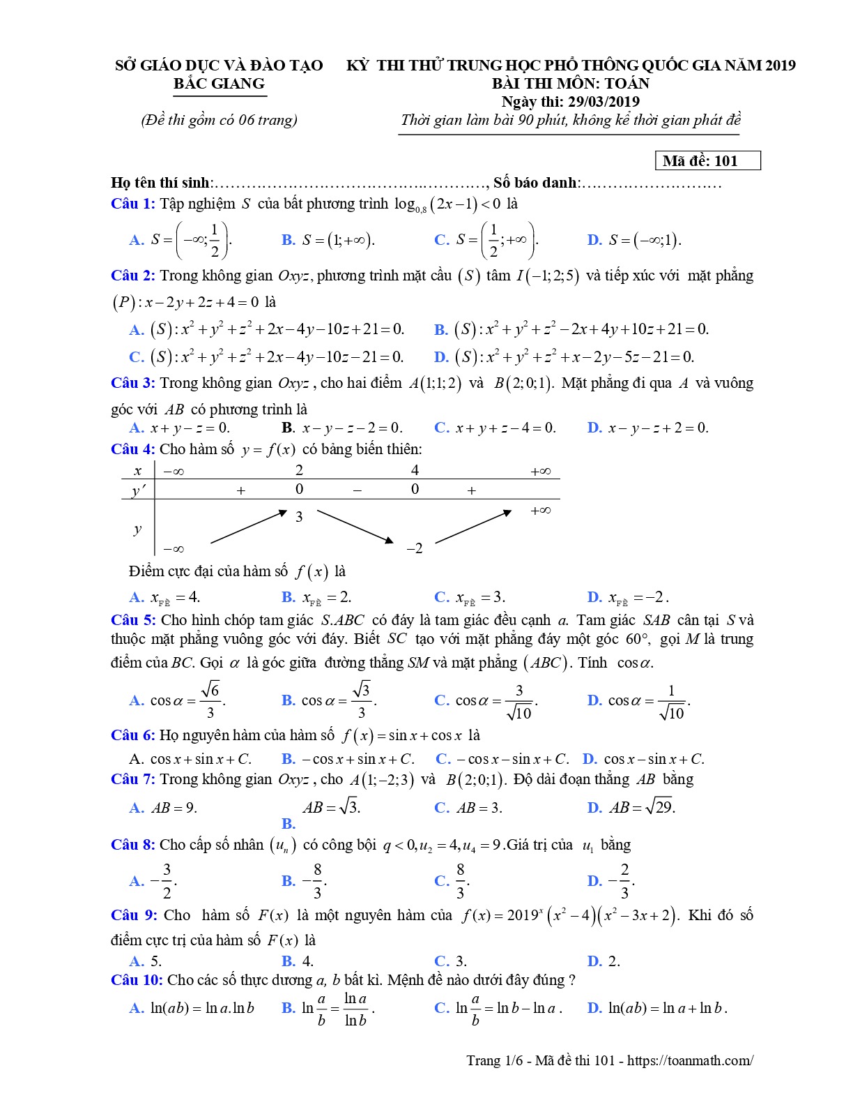 Đề thi thử THPT Quốc gia 2019 môn Toán lần 1 sở GD&ĐT Bắc Giang
