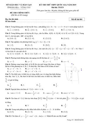 Đề thi thử THPT Quốc gia 2019 môn Toán sở GD&ĐT Bà Rịa – Vũng Tàu
