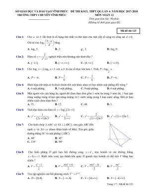 Đề thi thử THPT Quốc Gia môn Toán chuyên Vĩnh Phúc lần 4 năm 2018