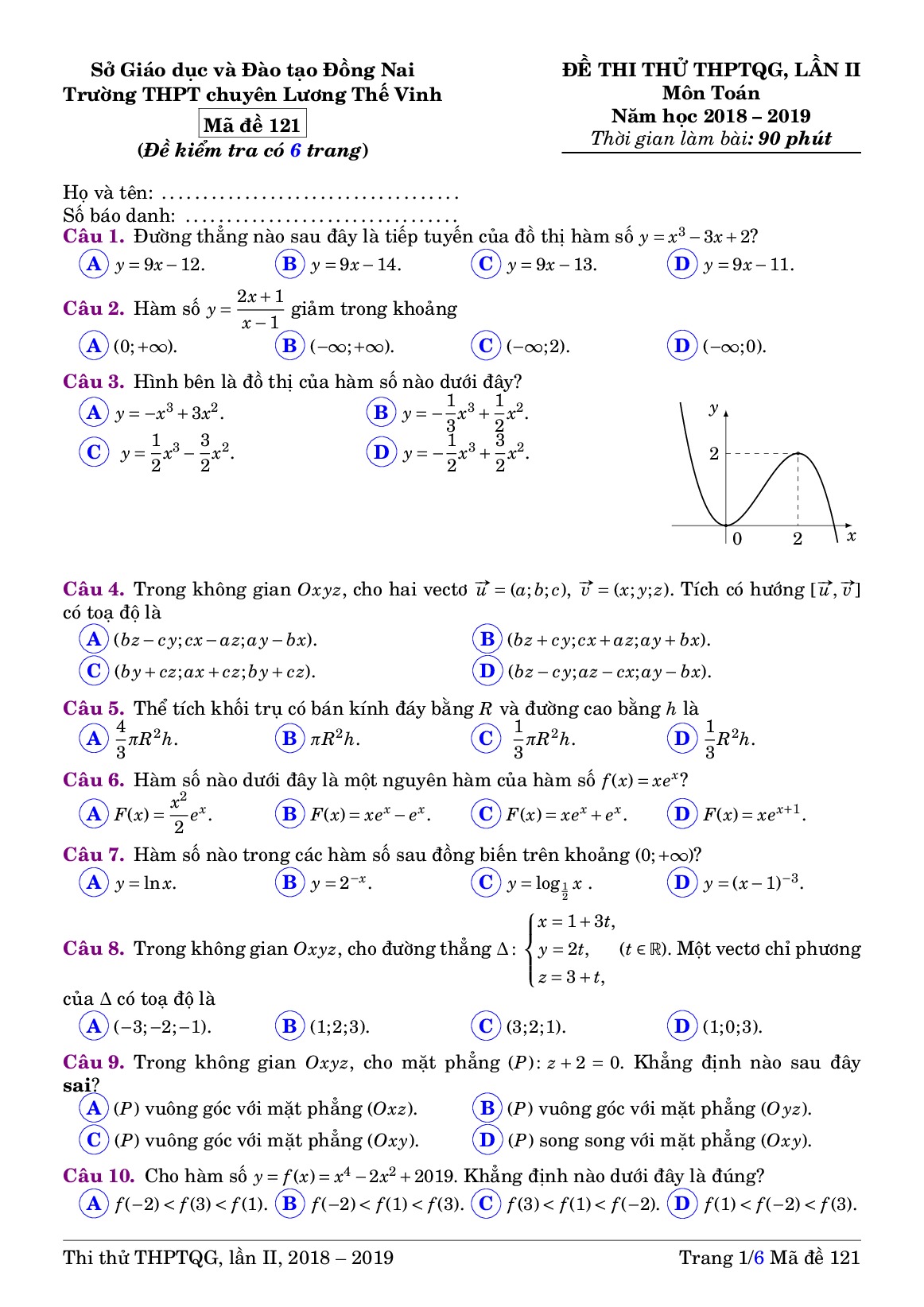 Đề thi thử Toán THPTQG 2019 lần 2 trường chuyên Lương Thế Vinh – Đồng Nai