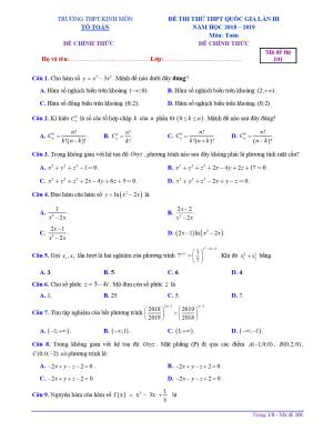 Đề thi thử Toán THPT Quốc gia 2019 lần 3 trường Kinh Môn – Hải Dương