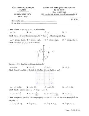 Đề thi thử THPT Quốc gia môn Toán năm 2019 sở GD&ĐT Cà Mau