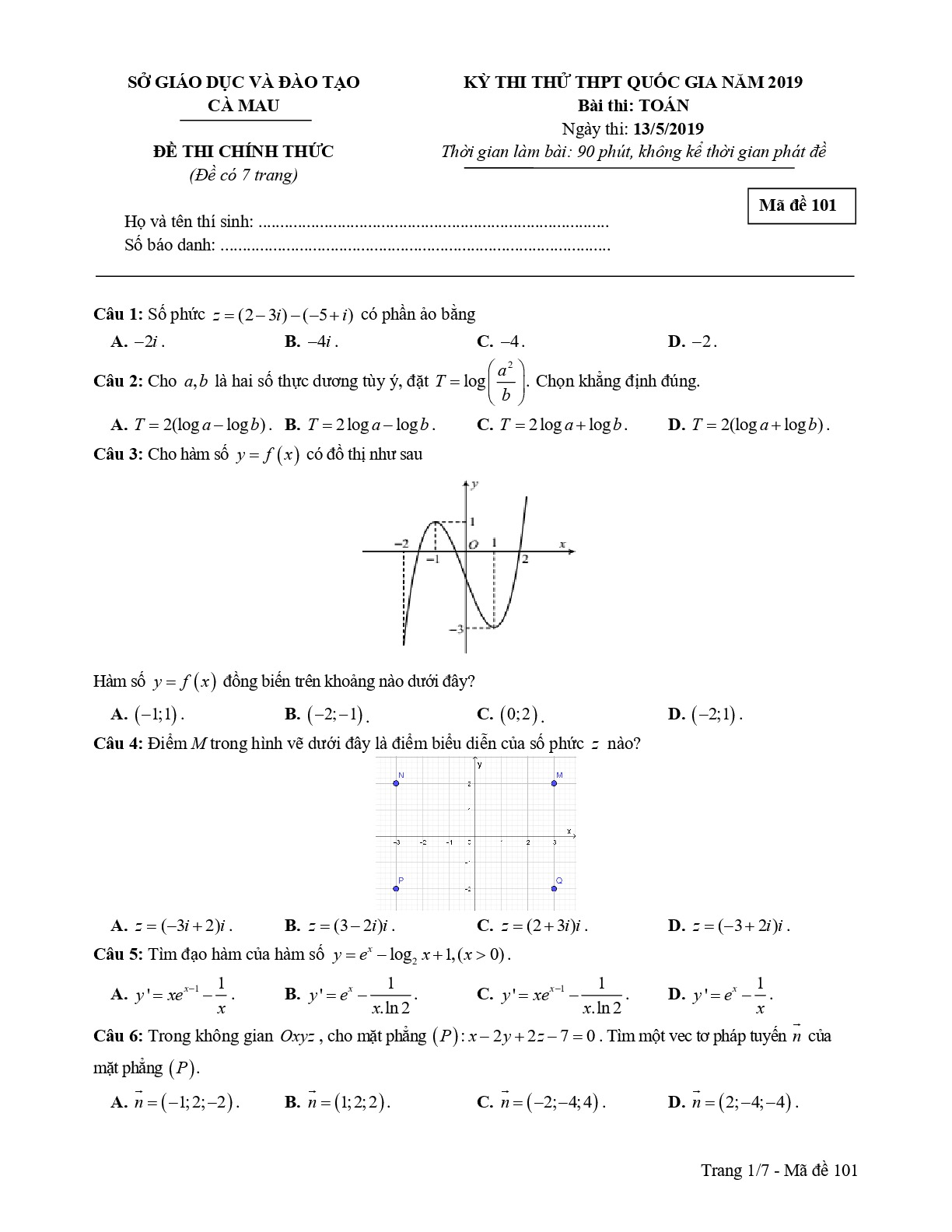 Đề thi thử THPT Quốc gia môn Toán năm 2019 sở GD&ĐT Cà Mau