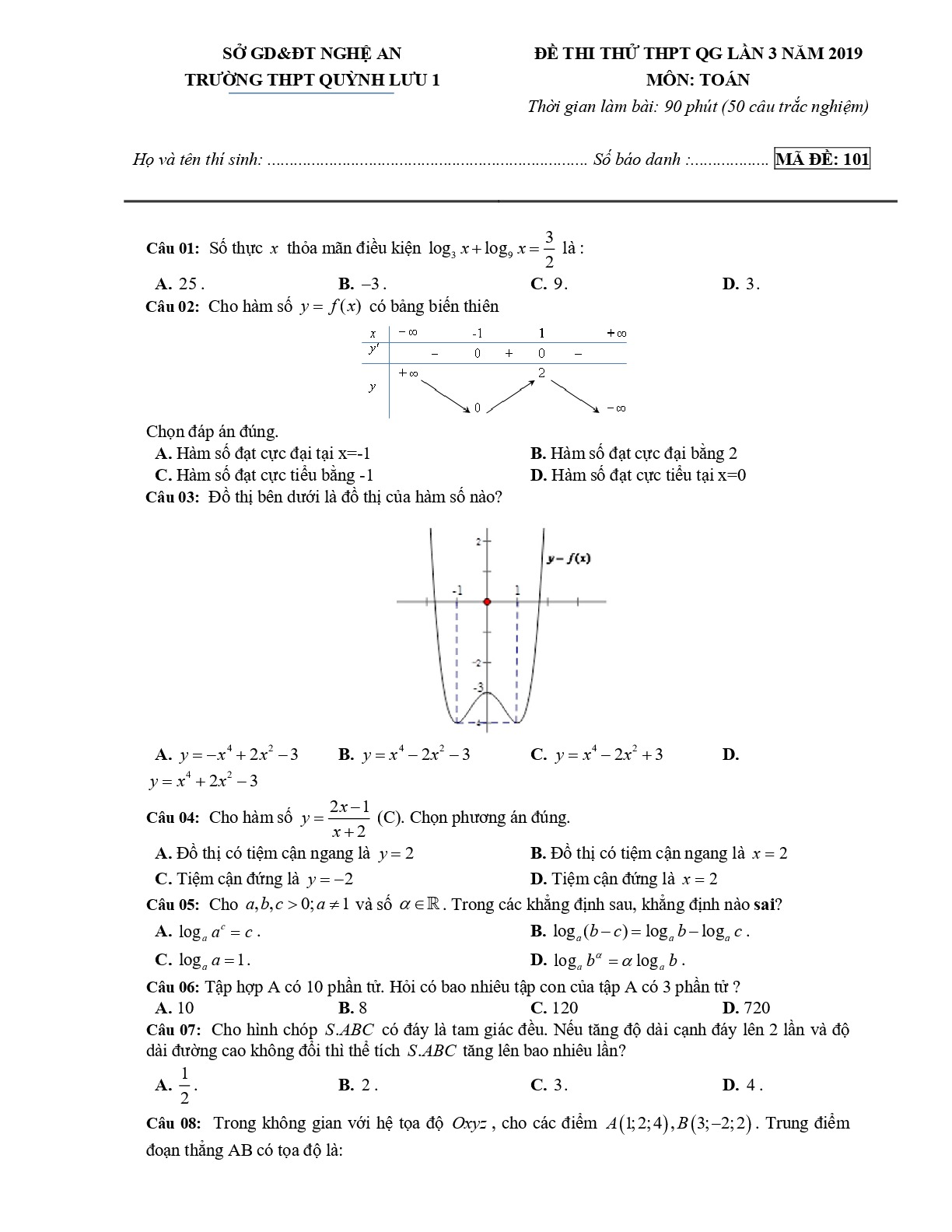 Đề thi thử THPT QG 2019 môn Toán trường Quỳnh Lưu 1 – Nghệ An lần 3