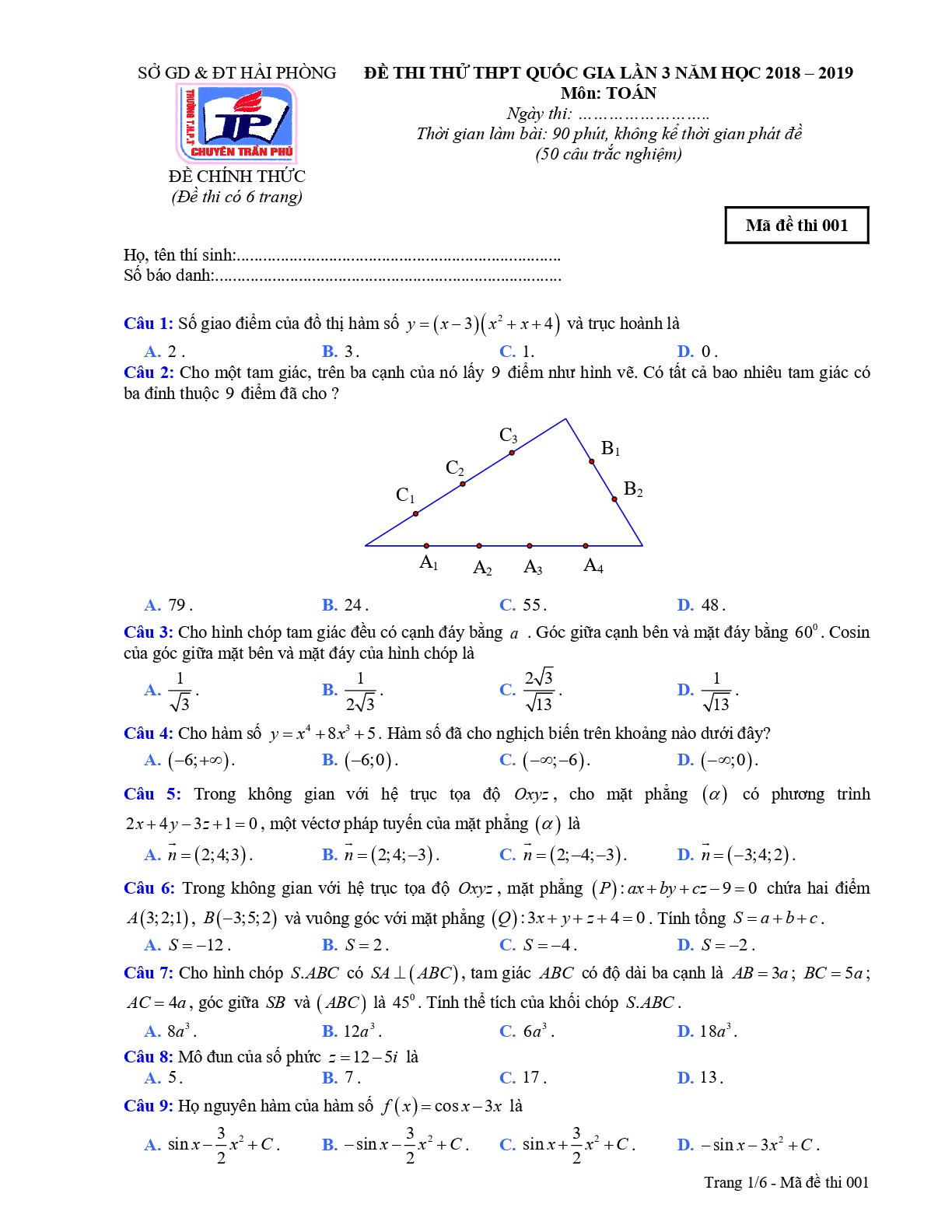 Đề thi thử Toán THPT QG 2019 lần 3 trường chuyên Trần Phú – Hải Phòng