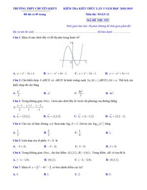 Đề kiểm tra kiến thức Toán 12 lần 3 năm 2018 – 2019 trường chuyên KHTN – Hà Nội