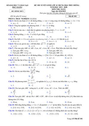 Đề thi tuyển sinh vào 10 môn Toán tỉnh Bắc Giang năm học 2019 - 2020