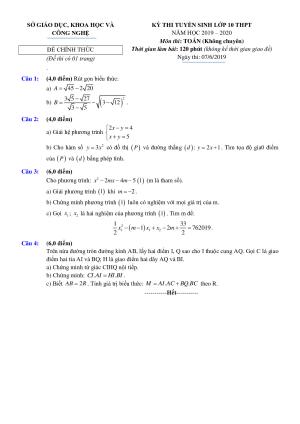 Đề thi tuyển sinh vào 10 môn Toán tỉnh Bạc Liêu năm học 2019 - 2020