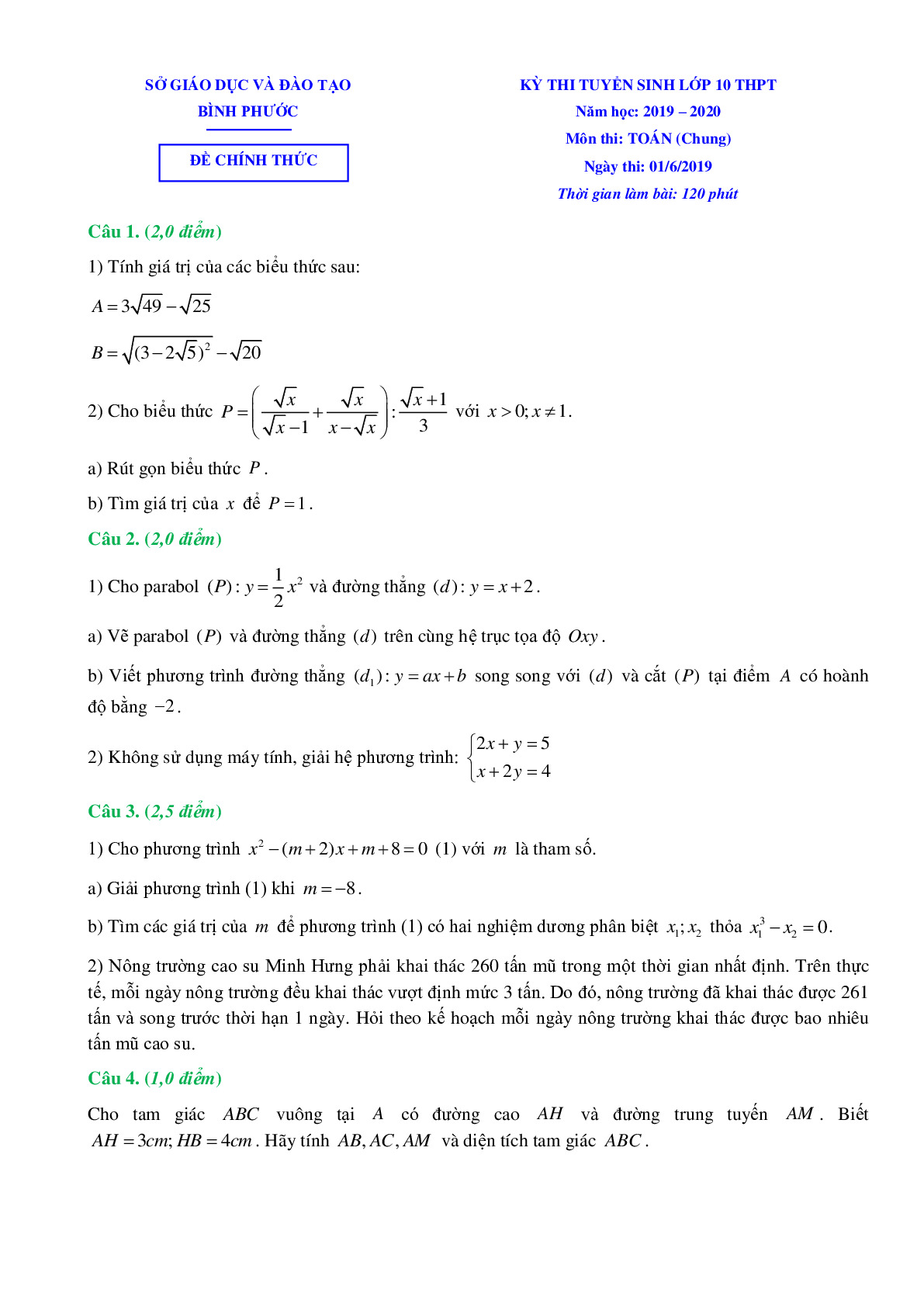 Đề thi tuyển sinh vào 10 môn Toán tỉnh Bình Phước năm học 2019 - 2020