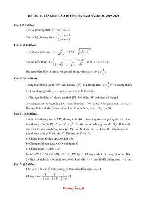 Đề thi tuyển sinh vào 10 môn Toán tỉnh Hà Nam năm học 2019 - 2020