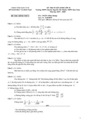 Đề thi tuyển sinh vào 10 môn Toán tỉnh KONTUM năm học 2019 - 2020