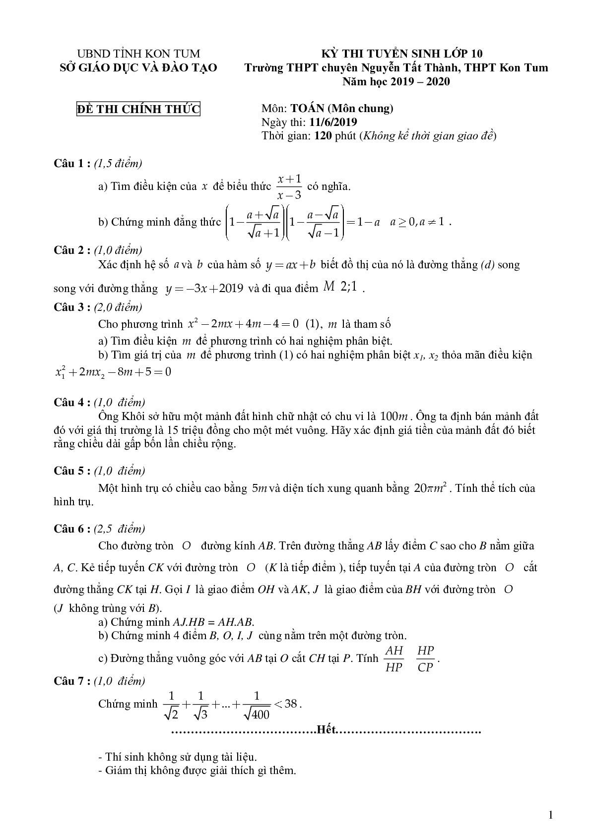 Đề thi tuyển sinh vào 10 môn Toán tỉnh KONTUM năm học 2019 - 2020