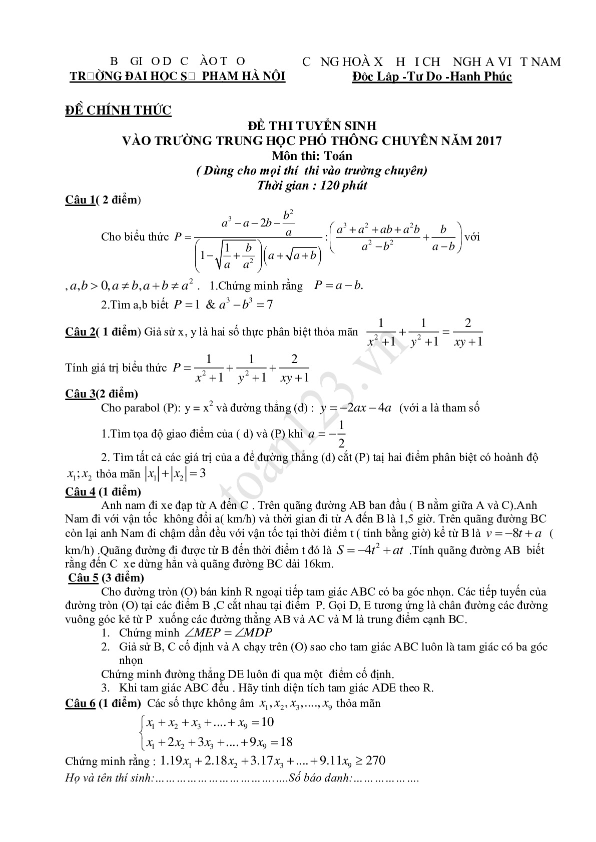 Đề thi vào 10 môn Toán chuyên Sư phạm Hà Nội năm 2017 - 2018 (vòng 1)