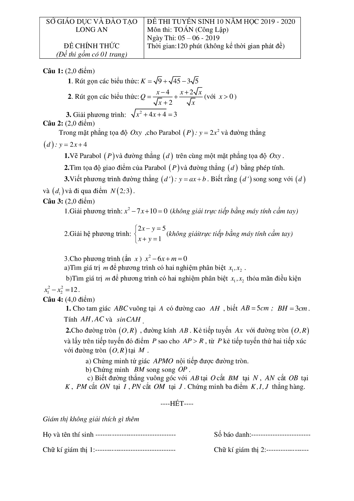 Đề thi tuyển sinh vào 10 môn Toán tỉnh Long An năm học 2019 - 2020