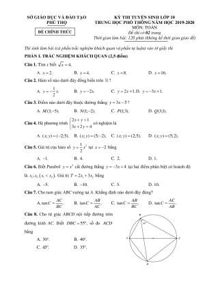 Đề thi tuyển sinh vào 10 môn Toán tỉnh Phú Thọ năm học 2019 - 2020