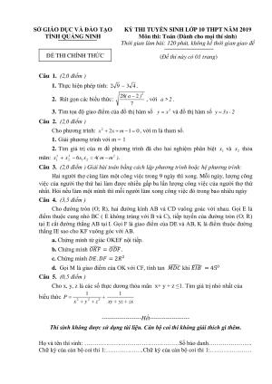 Đề thi tuyển sinh vào 10 môn Toán tỉnh Quảng Ninh năm học 2019 - 2020