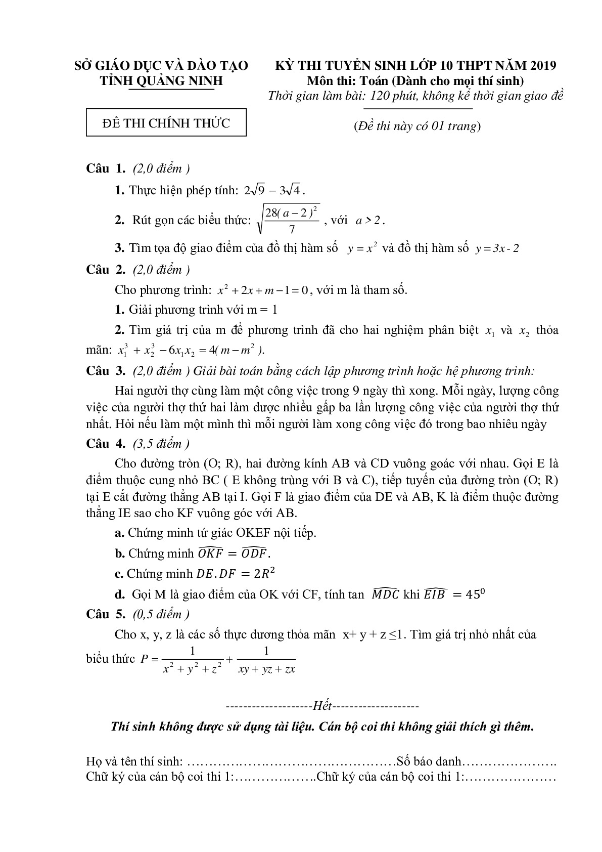 Đề thi tuyển sinh vào 10 môn Toán tỉnh Quảng Ninh năm học 2019 - 2020